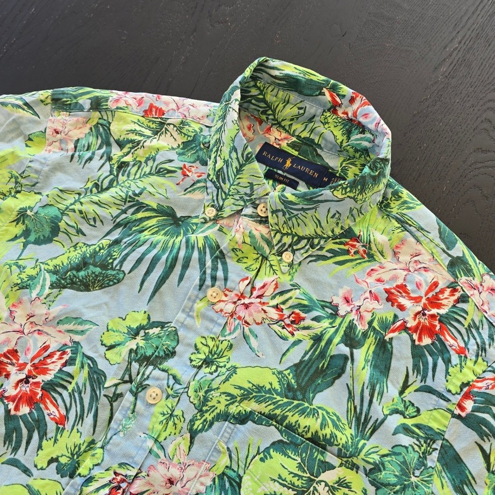 Ralph Lauren Mens Slim Fit Tropical Floral Short Sleeve Button Down Shirt Blue M